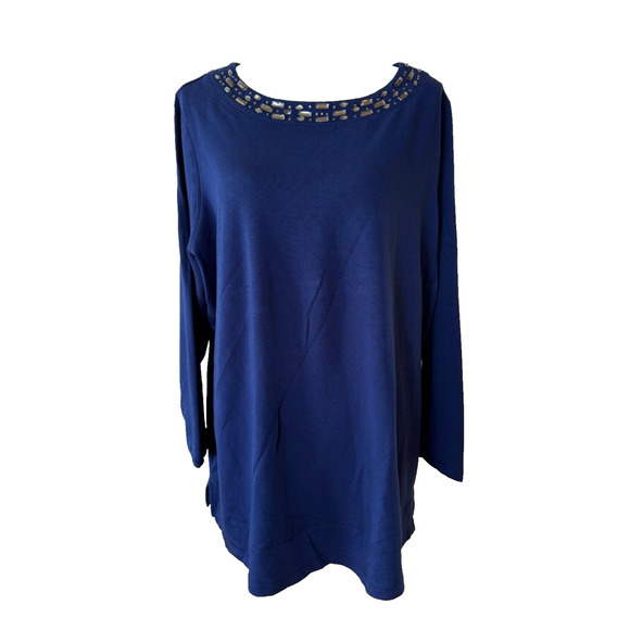 Susan Graver Knit Top Tunic Plus 2X Blue Embellished Pullover Artsy Crew Neck - Picture 1 of 7